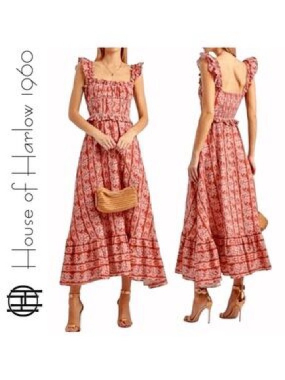 House of Harlow 1960 Coral Floral Ruffle Strap Maxi Dress
